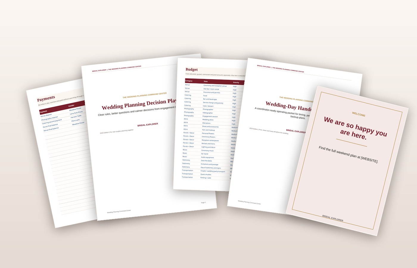 Pages from The Wedding Planning Command Center: budget and payment sheets, decision playbook, handoff binder and guest card