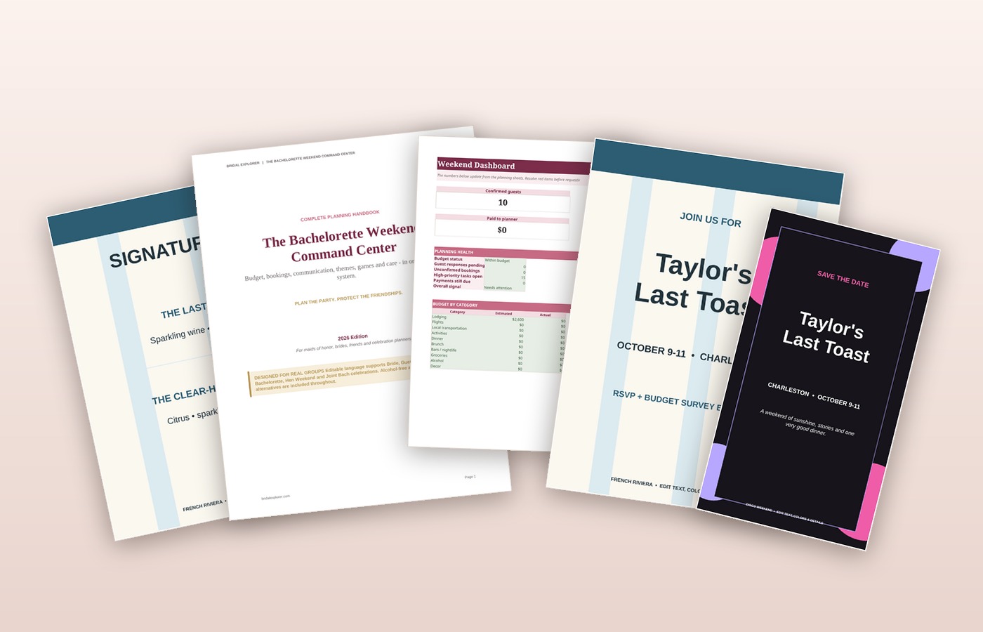 Pages from The Bachelorette Weekend Command Center: budget dashboard, planning handbook, welcome sign and invitation designs