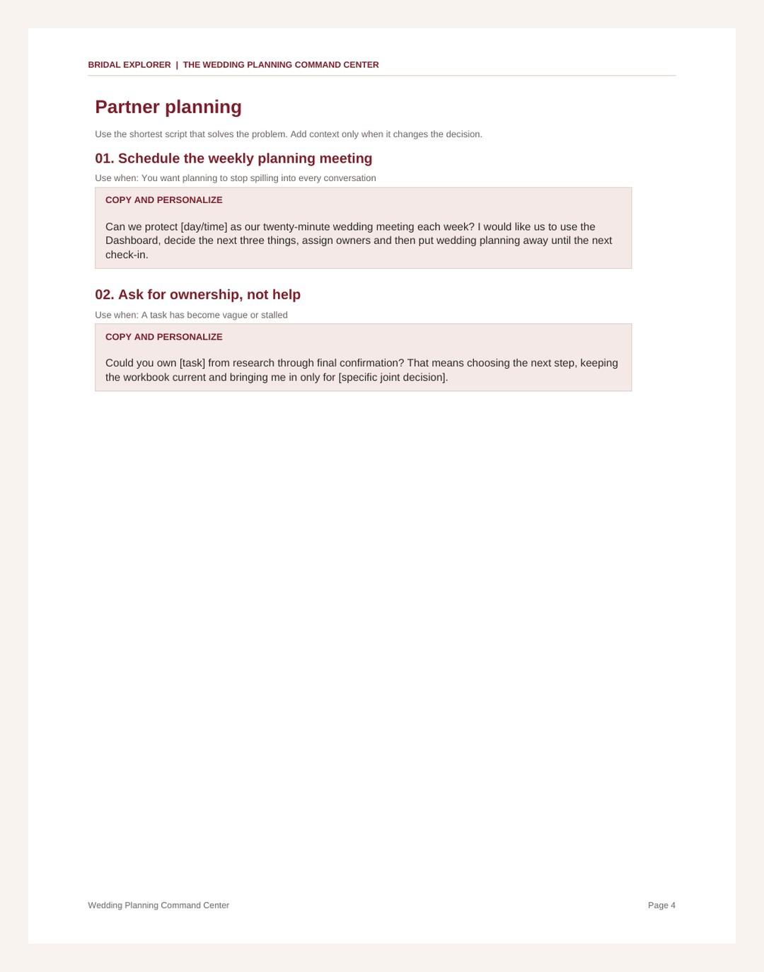 Wedding communication script page for vendors and family