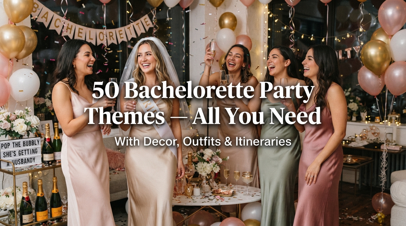 Five bridesmaids in silk slip dresses toasting champagne under a gold BACHELORETTE banner with balloons, confetti, peonies and a 'Pop the Bubbly, She's Getting a Husbandy' sign — 50 bachelorette party themes with decor, outfits and itineraries from Bridal Explorer